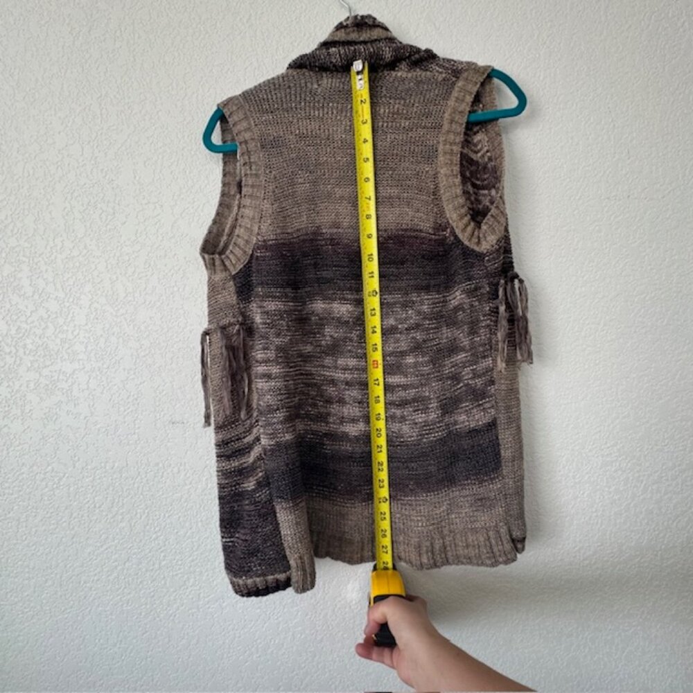 Y2K Sweater Vest Womens Medium Brown Space Dye Fringe Open Front Cardigan - Picture 2 of 7